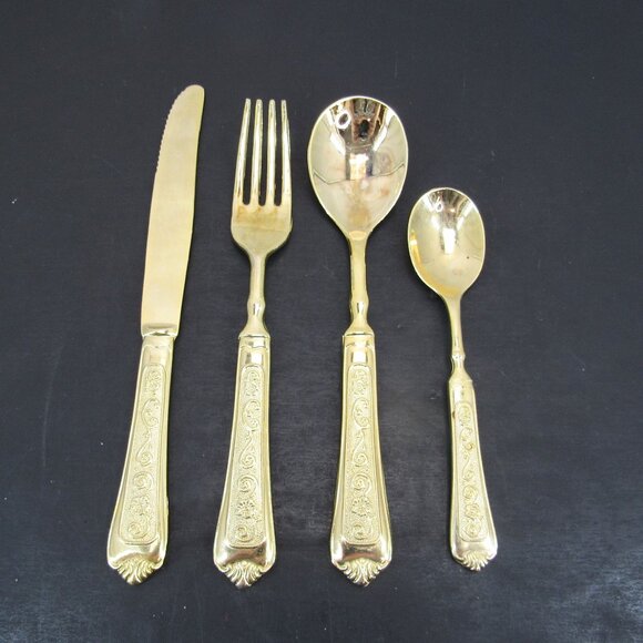 International Silver Co China Gold Plate Flowers & Scrolls Flatware Set 4 Piece - Picture 1 of 10